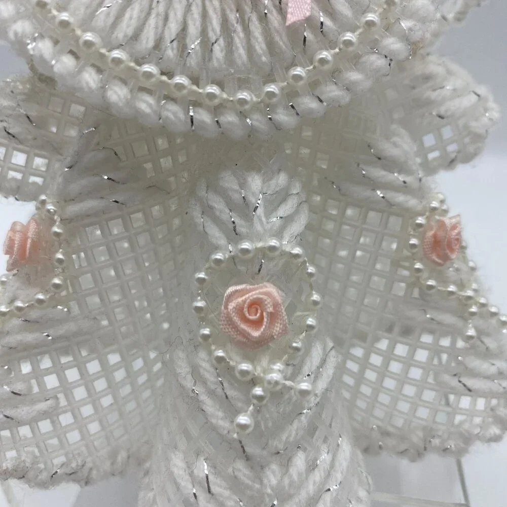 Vintage Handmade Christmas Angel White pink rosettes Blonde rubber face ornament